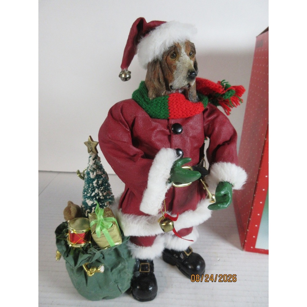 Custom Basset Hound Santa Claus Fabric Mache Figurine Holiday Dog Decor Red Suit